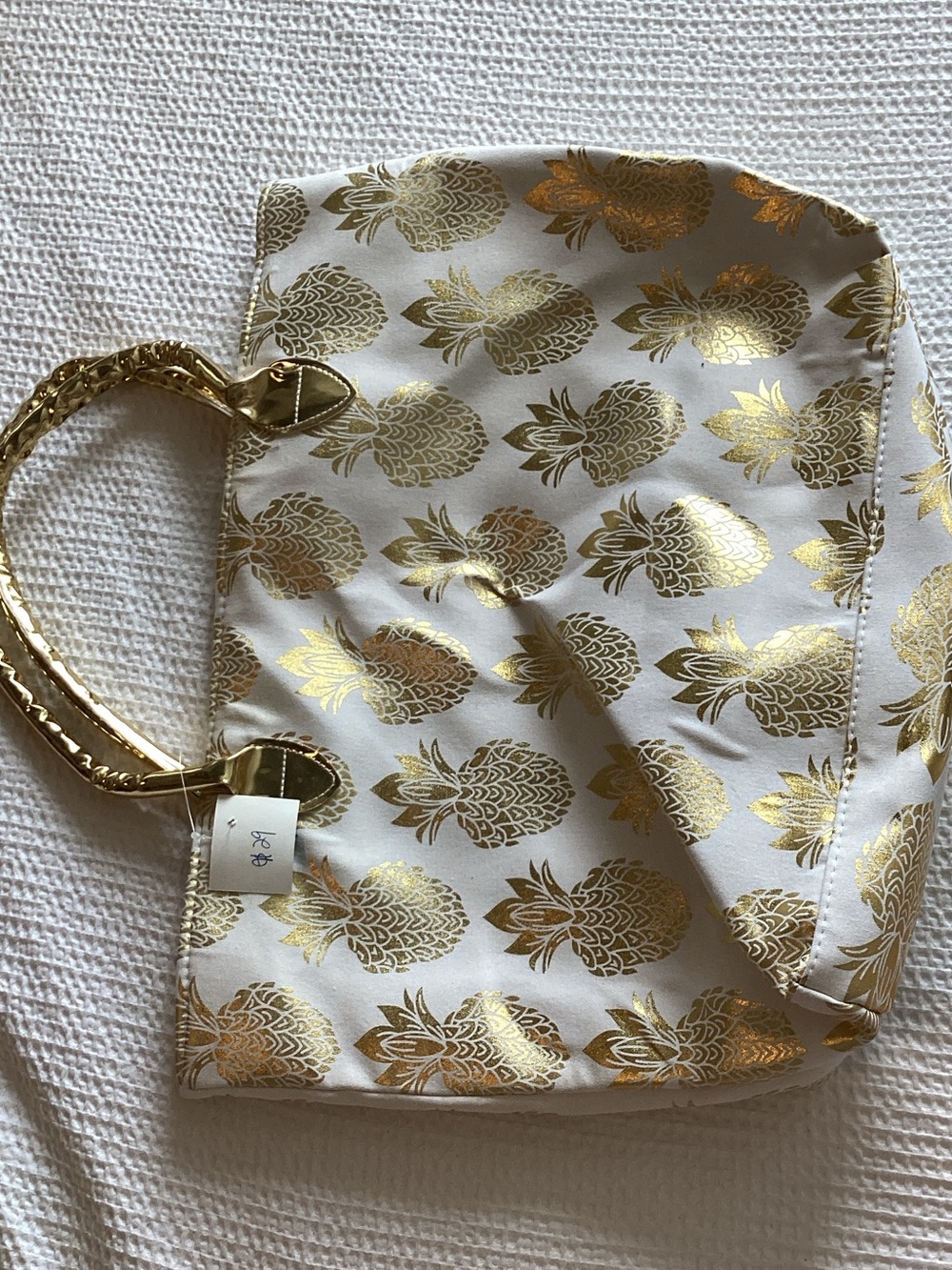 Gold Pineapple Print White Tote Bag‎